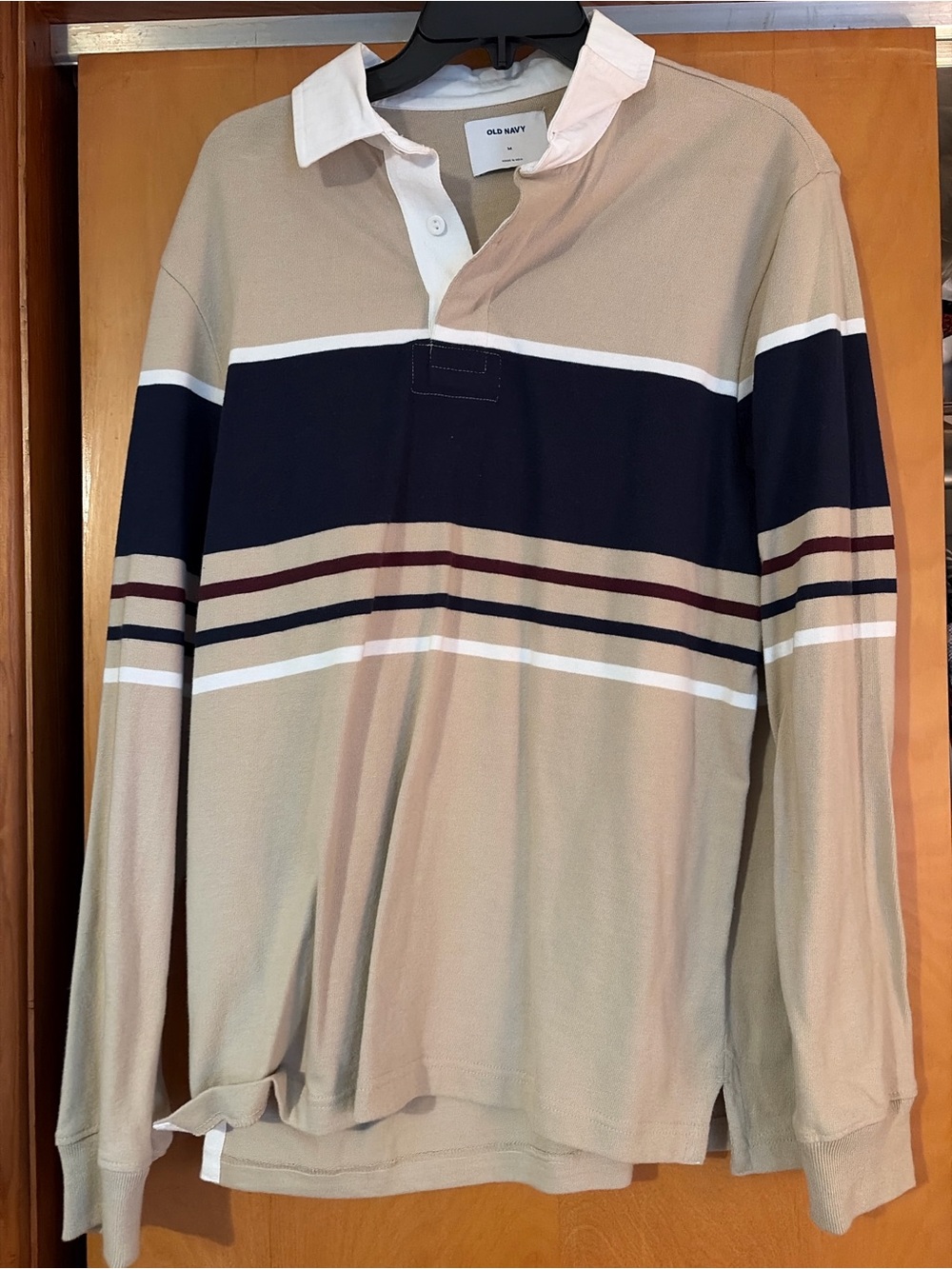 Old Navy Beige, Navy & White Striped Rugby Polo